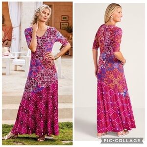 Soft Surroundings Mixed Print Short Sleeve Jersey Maxi Boho Dress Pink Small